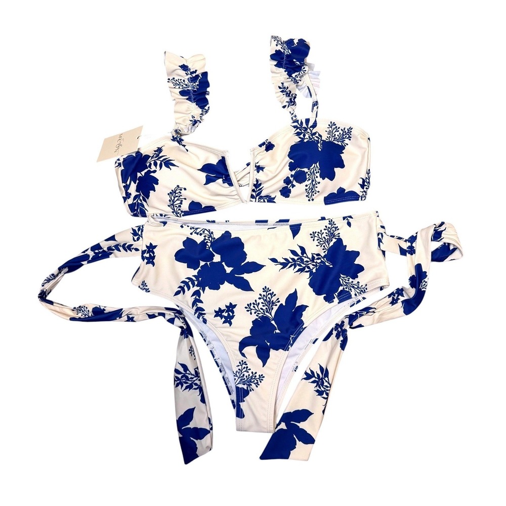 Endless Moon Blue White Floral Botanical Bikini Sz Medium Ruffle High Waist Tie - Picture 2 of 7